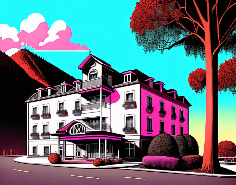 Colorful Four-Story Building Illustration in Old-Fashioned Architectural Style