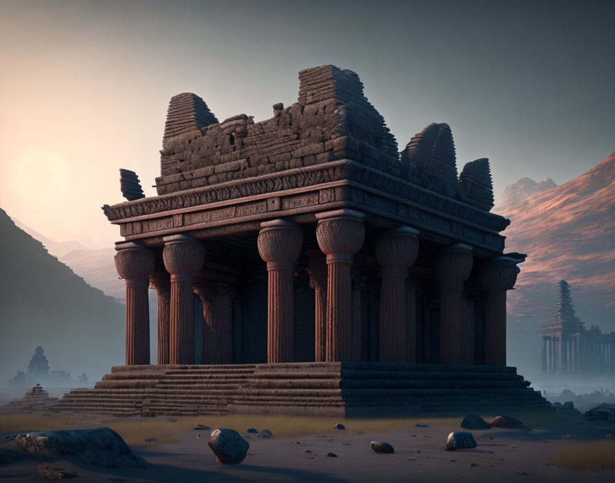 Ancient Temple with Ornate Columns in Warm Sunset Glow