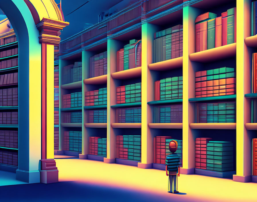 Vibrant surreal library with towering bookshelves under purple and orange light