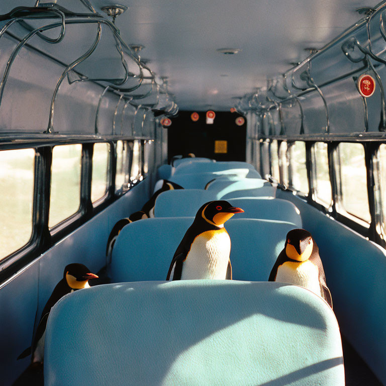 Toy penguins on sunlit bus with empty blue seats.