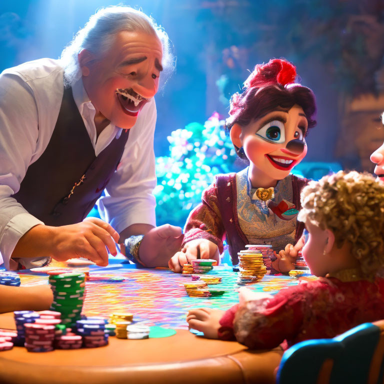 Colorful animated characters at a gambling table with chips - elderly man and female puppet in lively game