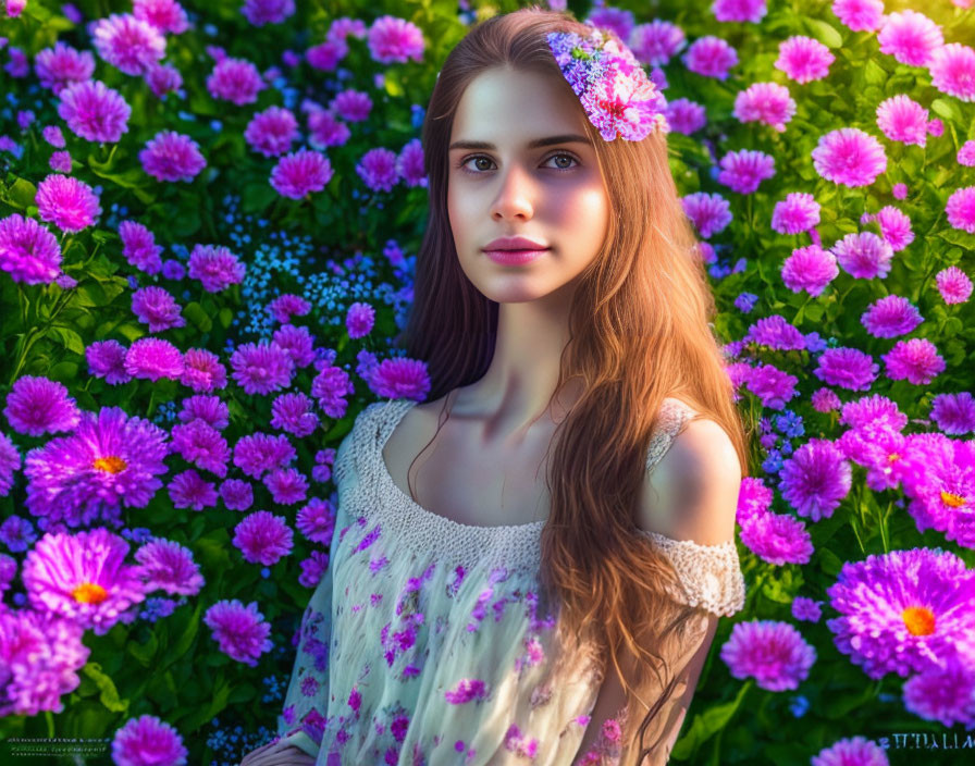 Young woman with floral headpiece amid vibrant flowers and sunlight.