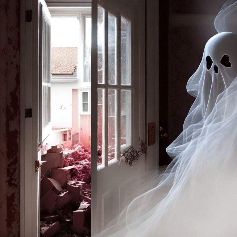 Ghostly Figure in White Sheet by Open Window with Pink Debris