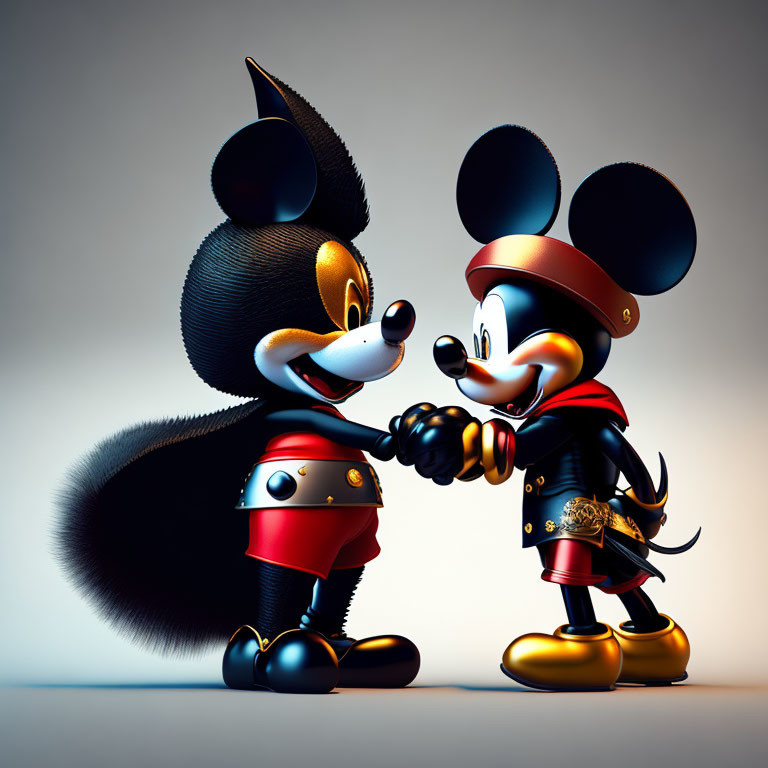 Stylized Mickey Mouse figures in unique costumes shaking hands