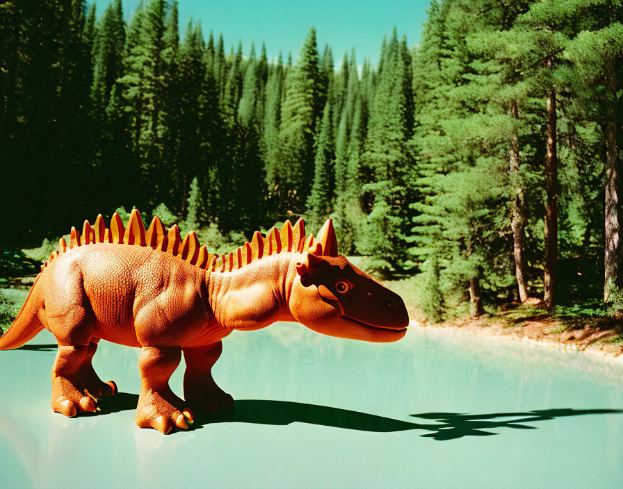 Toy Dinosaur by Water Pool Amid Pine Trees and Blue Sky