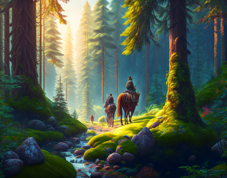 Two horseback riders in lush forest with towering trees and sunlit path crossing small stream amid vibrant flora