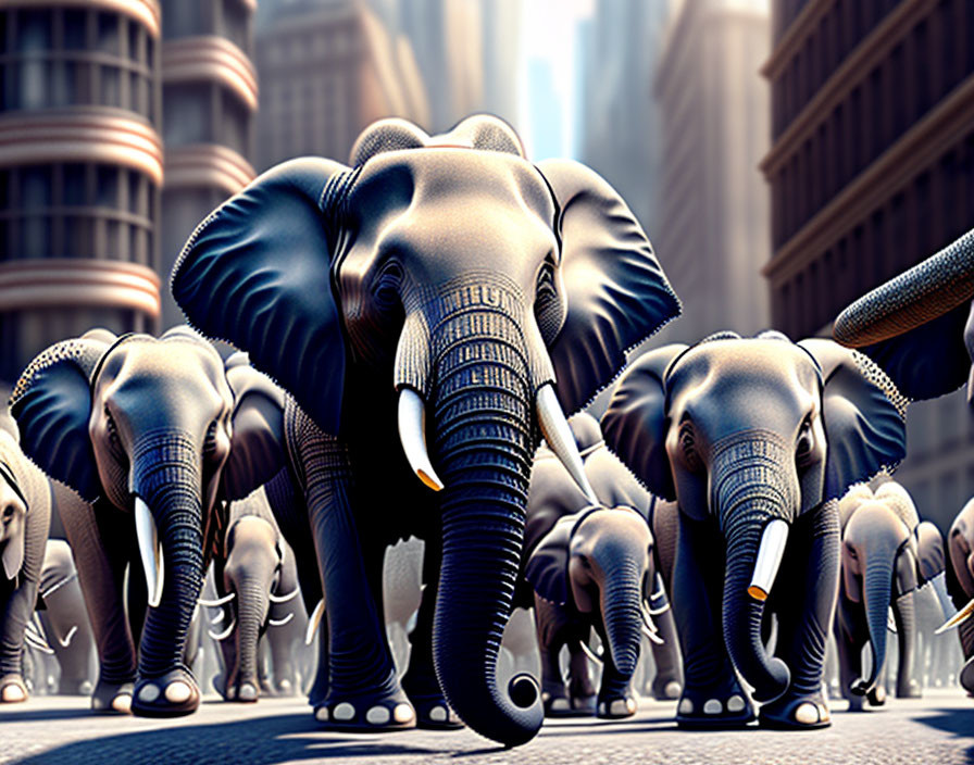 Stylized elephants with urban architectural features walking in city street