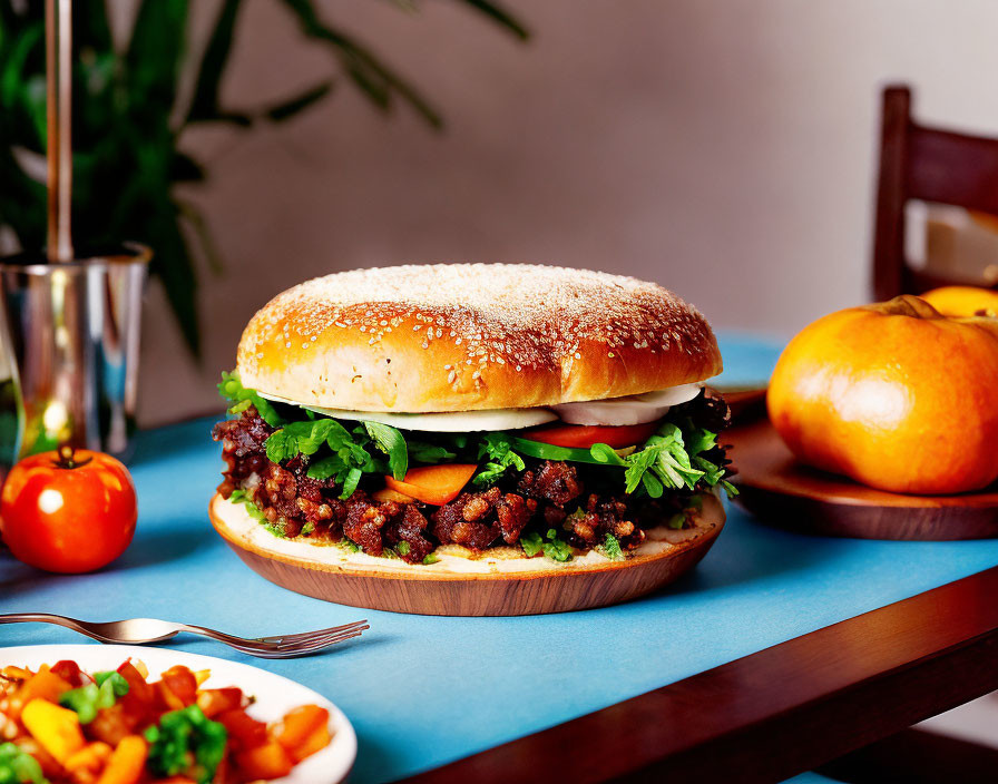 Sesame bun burger with greens, cheese, and glazed carrots on wooden board