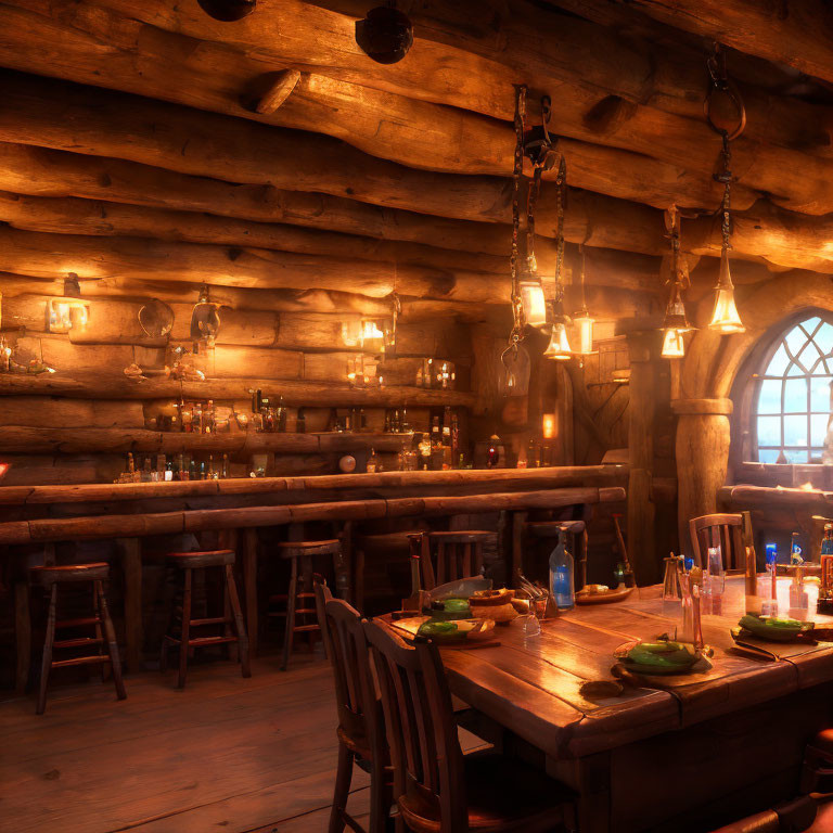 Warmly lit wooden tavern interior with bar stools, tables, bottles, and glassware shelves.