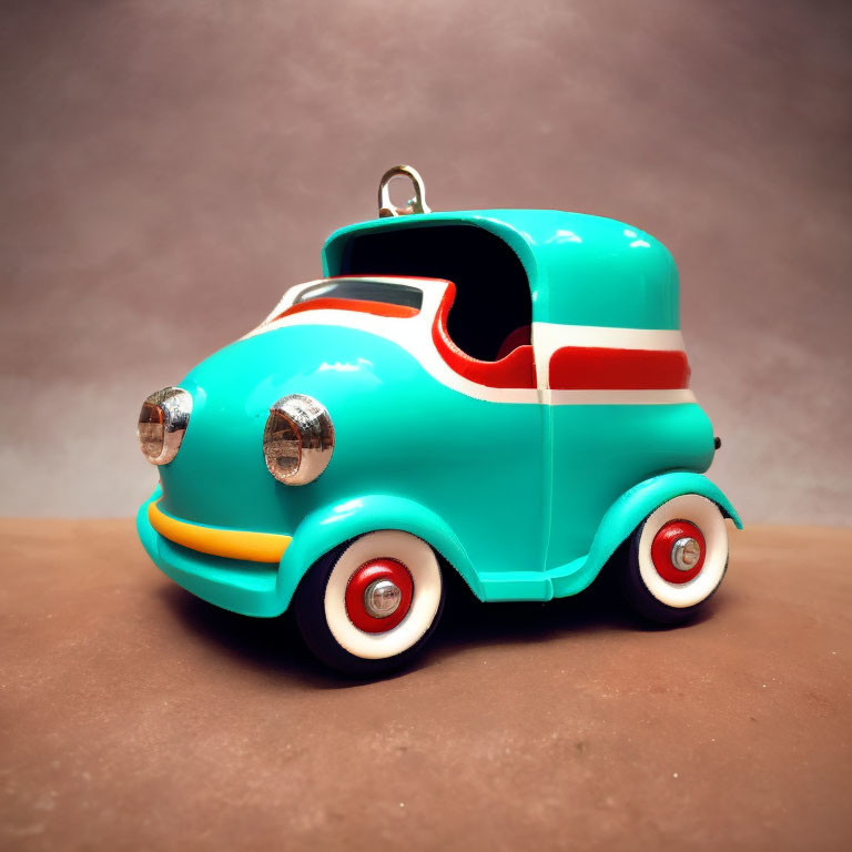 Vintage Turquoise Toy Car with Red and White Stripes and Chrome-like Headlights