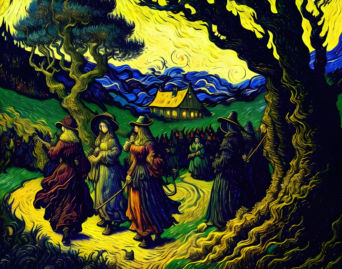 Three cloaked figures in a Van Gogh-inspired scene walking towards a lit-up cottage