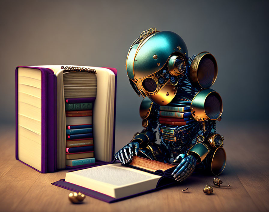 Steampunk Style Robot Reading Book Surrounded by Gears and Books