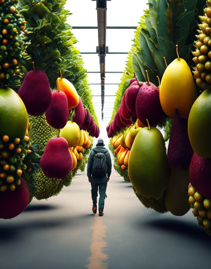 Surreal path with oversized hanging fruits under bright ceiling