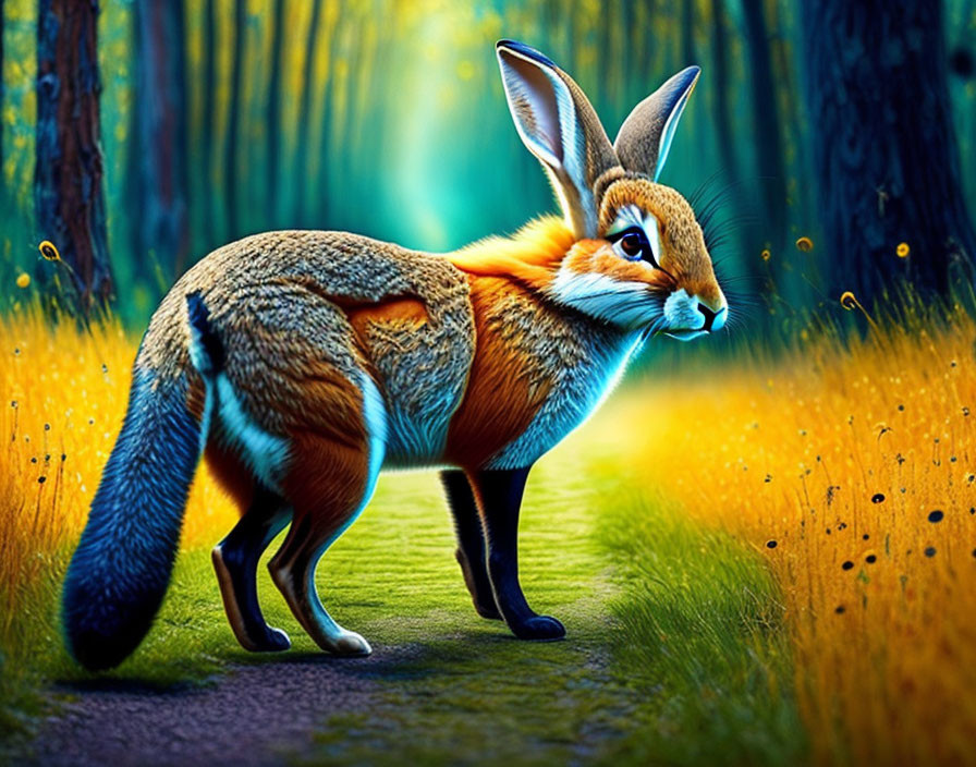 Fox-bodied creature with hare head in vibrant forest clearing