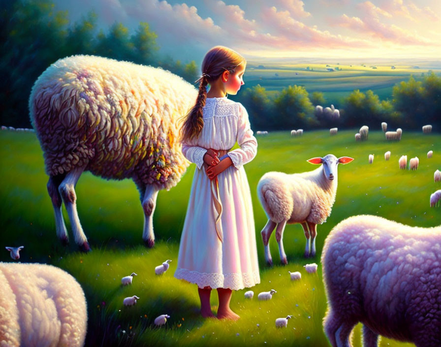 Girl in white dress watching over sheep in lush field