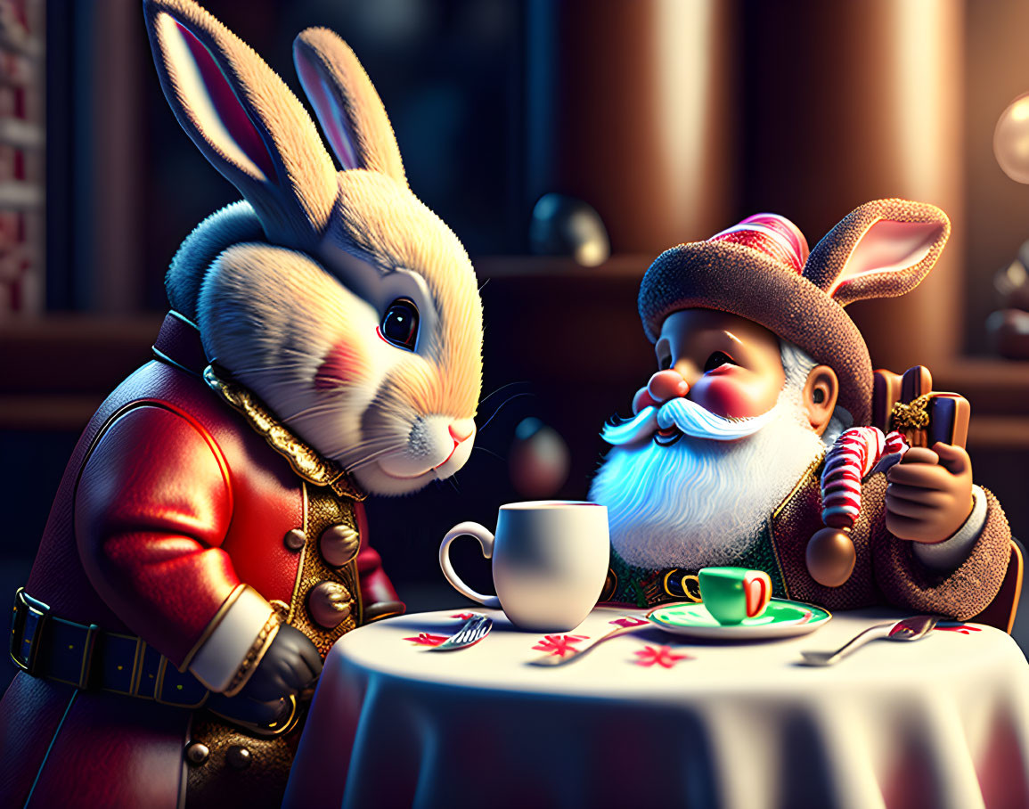 Festive rabbit and Santa Claus enjoying cozy holiday scene