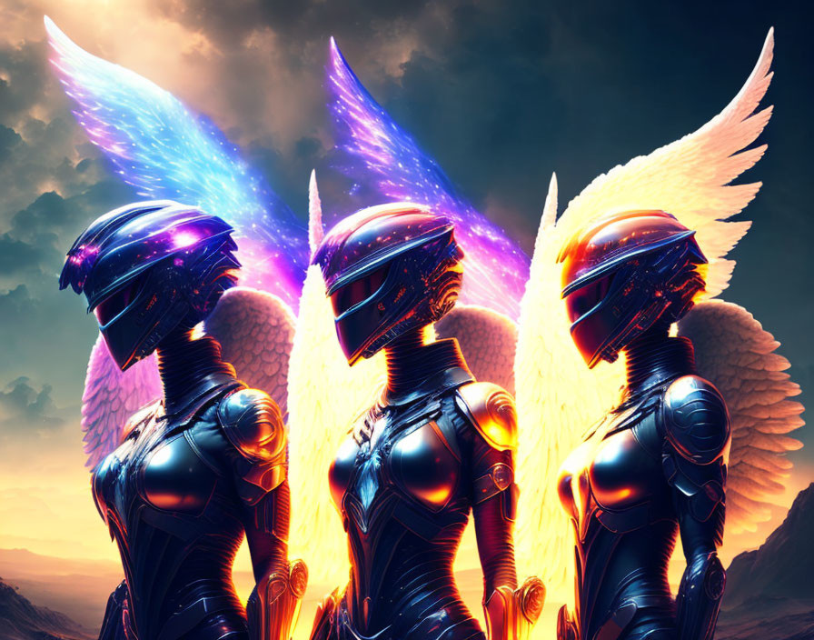 Three futuristic warriors in metallic armor with illuminated wings against dramatic sky.