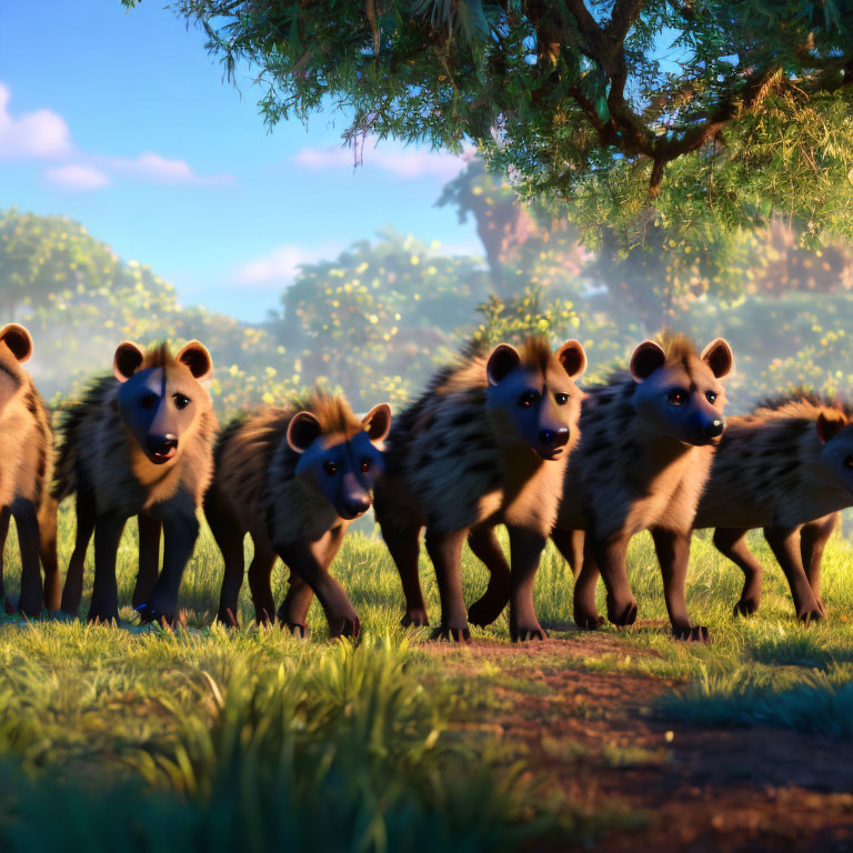 Animated hyenas in sunlit savannah with lush greenery