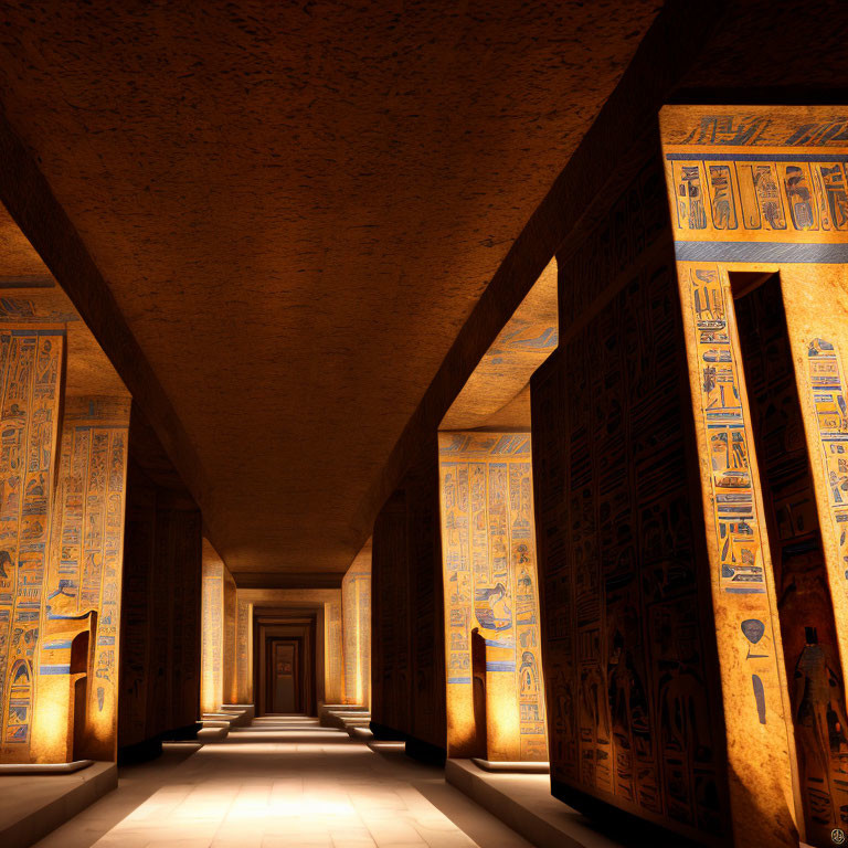 Ancient Egyptian temple hallway with hieroglyphics and carvings