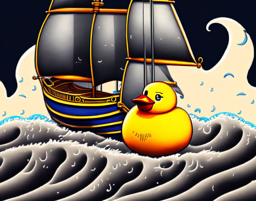 Giant Rubber Duck Floating on Wavy Seas with Sailing Ship - Night Sky