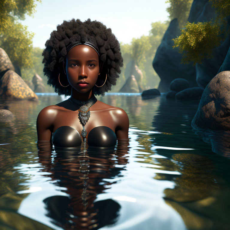 3D-rendered black woman with afro hair in forest pond