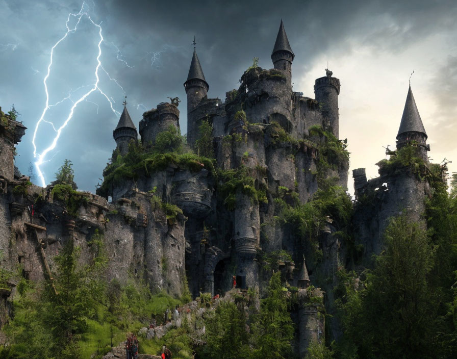 Majestic castle with spires on rocky cliff under stormy sky