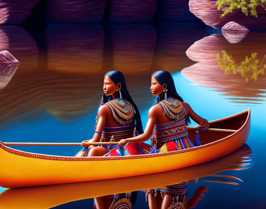 Two women in traditional attire paddling canoe on calm waters with rock formations and trees.