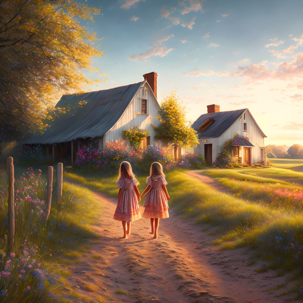 Two girls in red dresses on dirt path near farmhouse at sunset