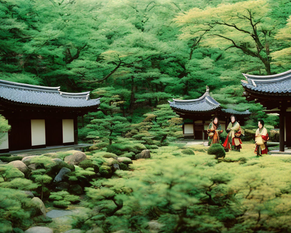 Japanese Warrior Attire Amid Traditional Buildings and Gardens