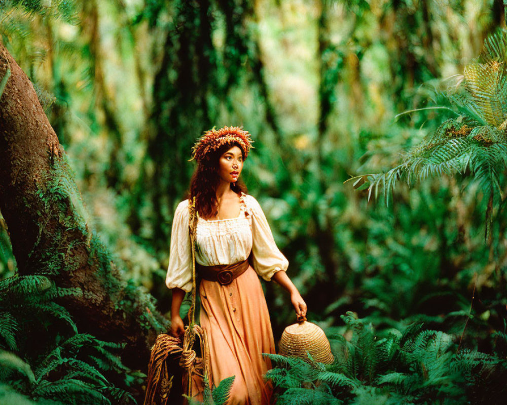 Vintage woman with floral headpiece in lush forest holding rope and straw hat