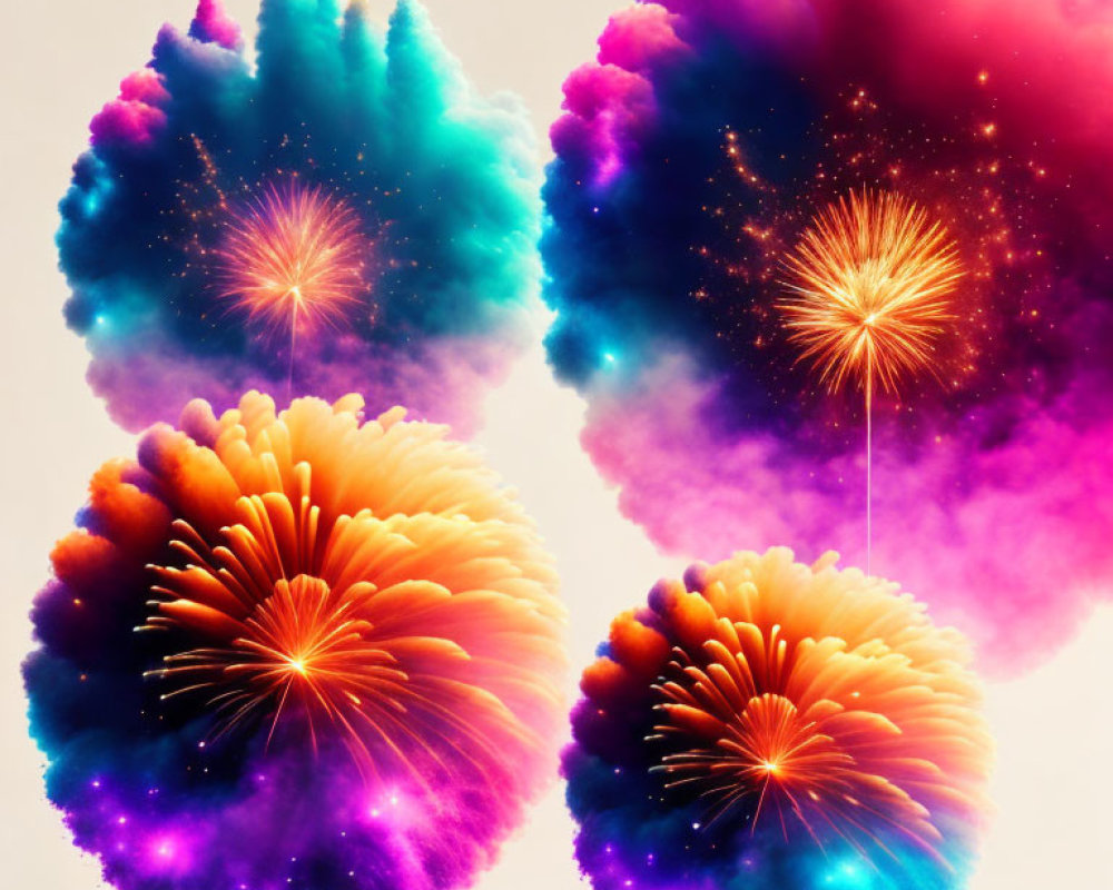 Vibrant fluffy tree-like fireworks on pastel backdrop