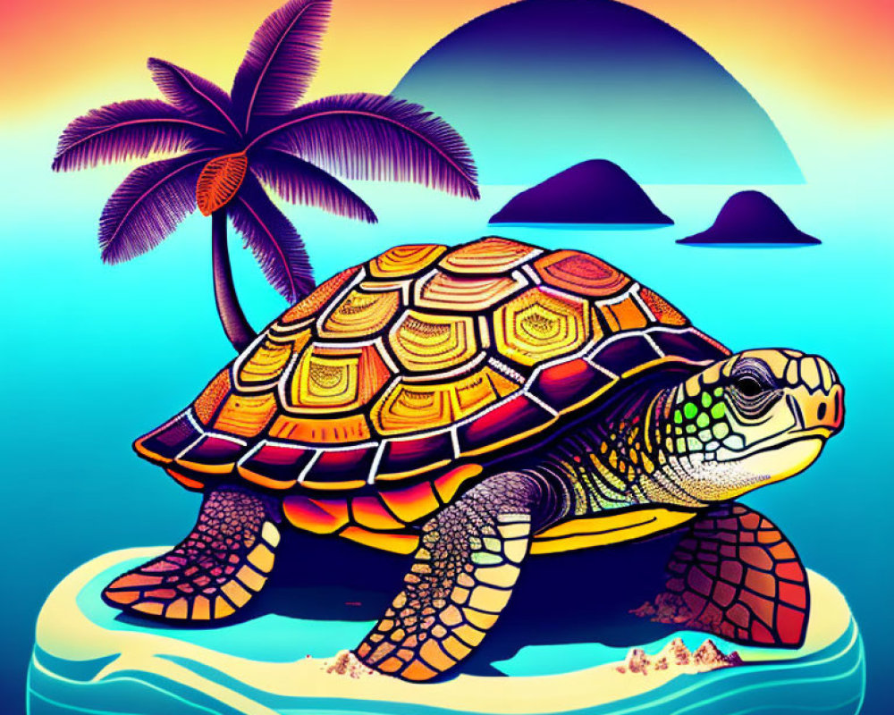 Colorful Sea Turtle Illustration with Sunset, Palm Tree, and Islands