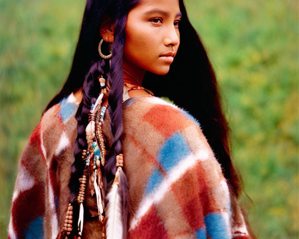 Young woman with dark hair and feathered adornments in colorful shawl on green field