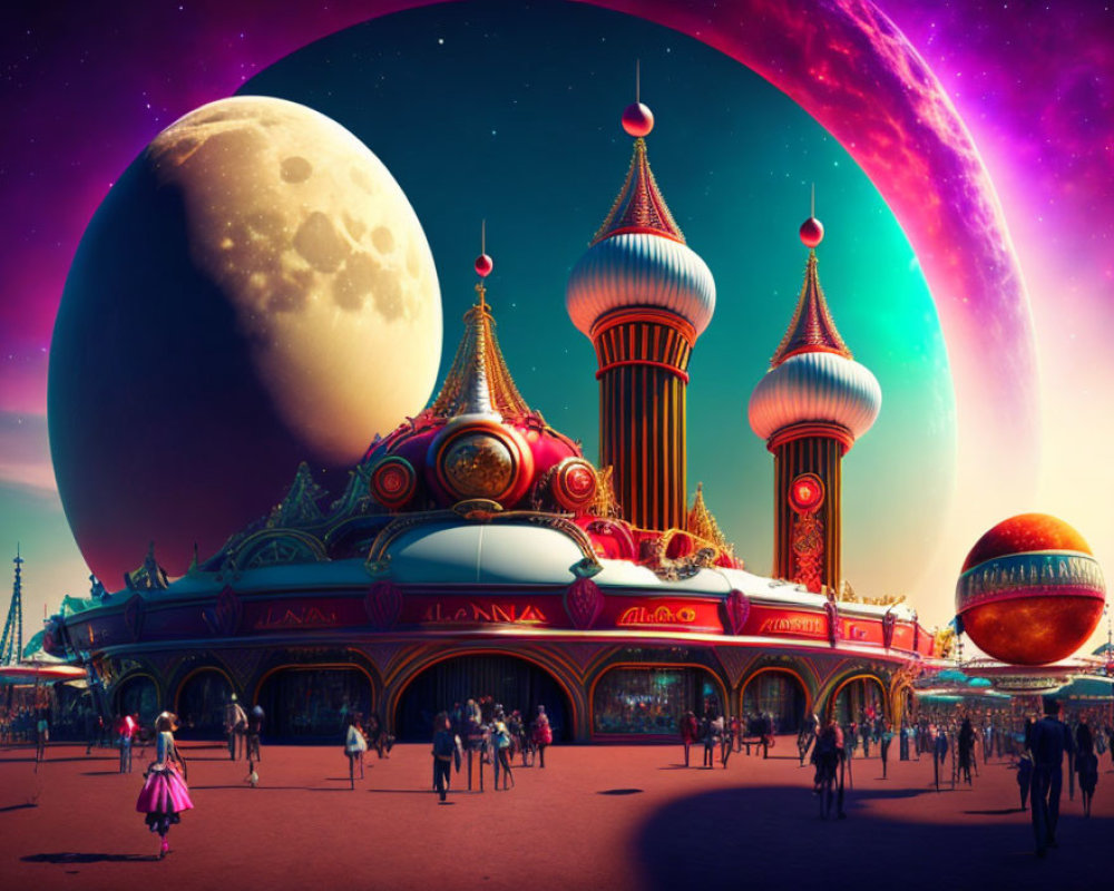 Colorful Sci-Fi Amusement Park with Moons and Planets