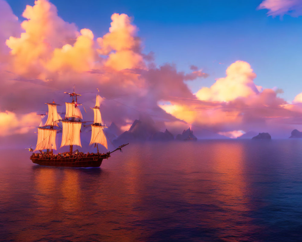 Sailing ship with billowing sails on tranquil sea at sunset