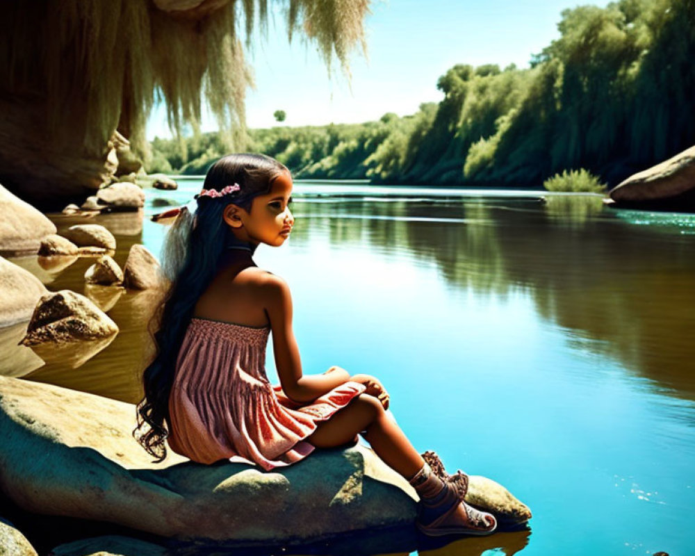 Girl with Long Hair Sitting by Tranquil River Surrounded by Greenery