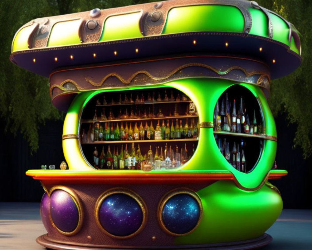 Futuristic outdoor bar with cosmic motifs and glowing orbs at dusk