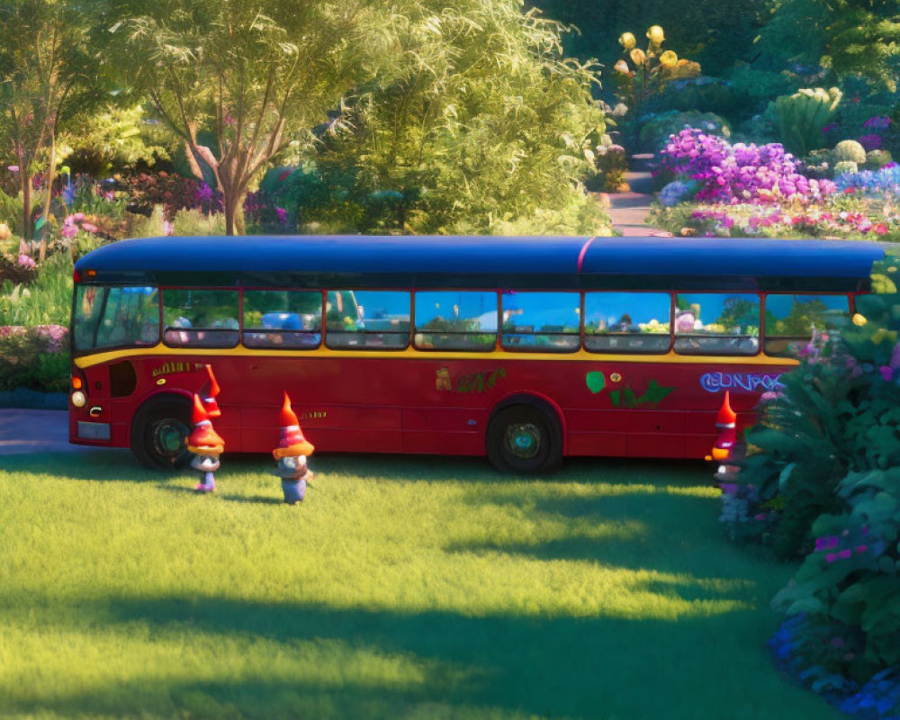 Red Bus Parked on Green Grass with Gnome Statues