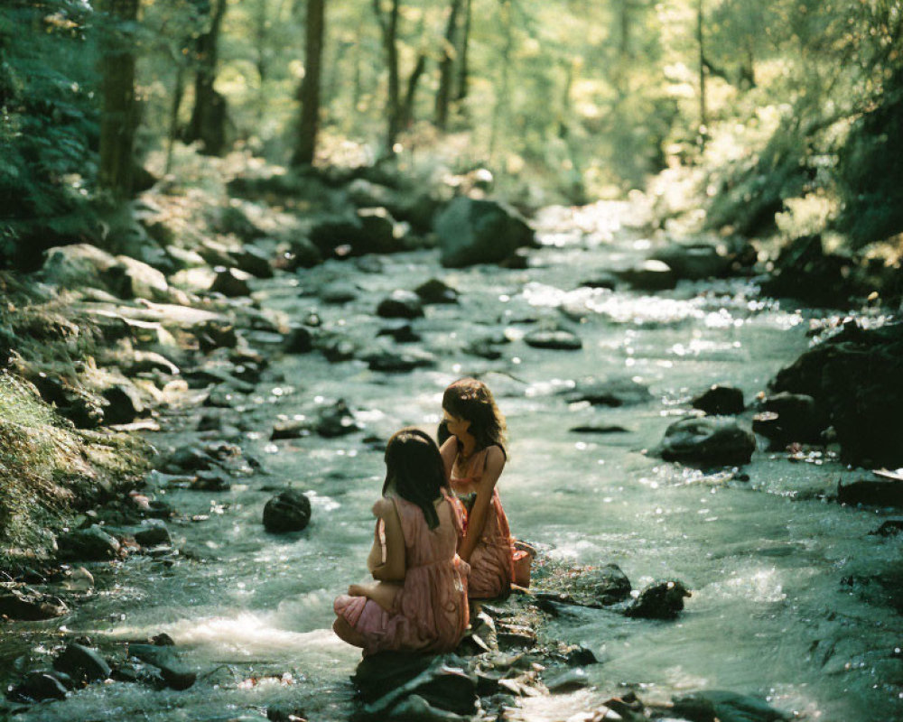 Children sitting on rocks in serene forest stream with sunlight filtering through trees