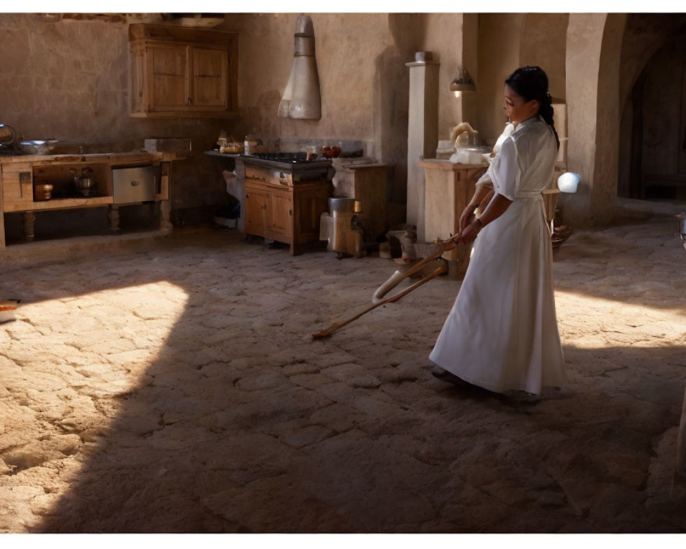 Historical woman sweeping rustic kitchen with vintage cookware