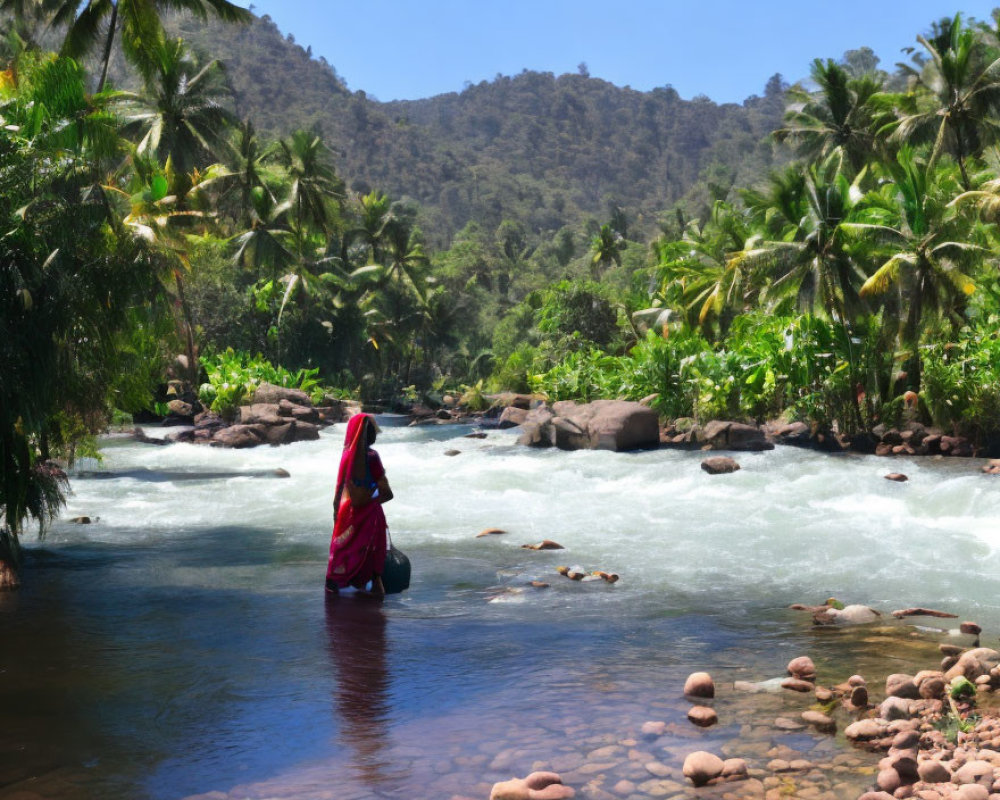 Person in Bright Red Sari by Flowing River and Palm Trees