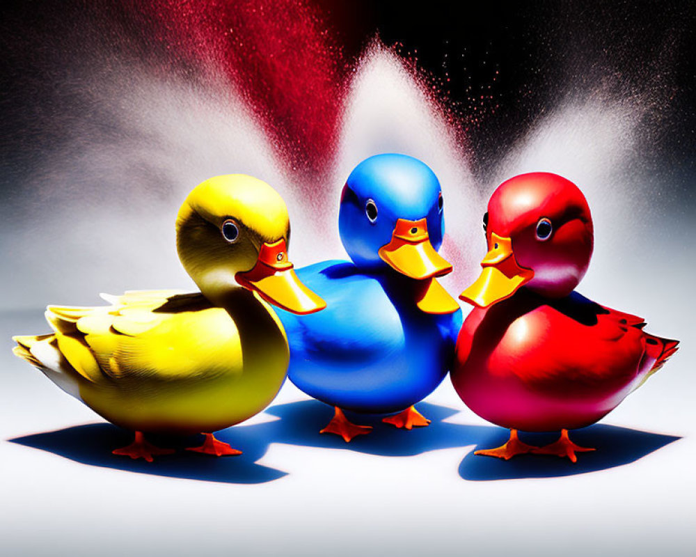 Colorful Rubber Ducks with Exploding Powder on White Background