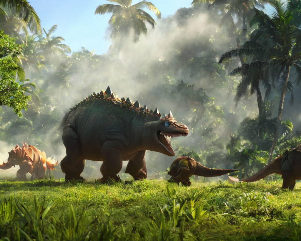 Animated Dinosaurs Walking in Lush Prehistoric Jungle