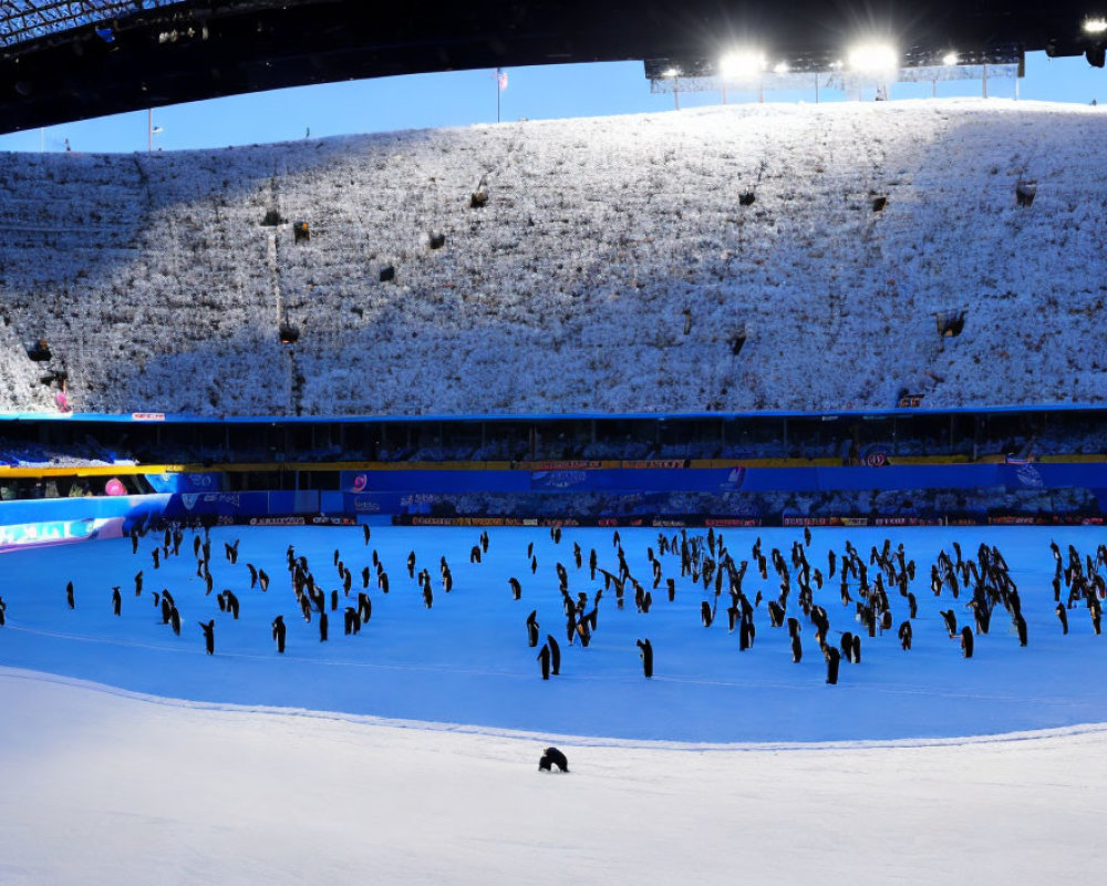 Performers in Dark Costumes Rehearsing on Blue-Lit Stadium Field