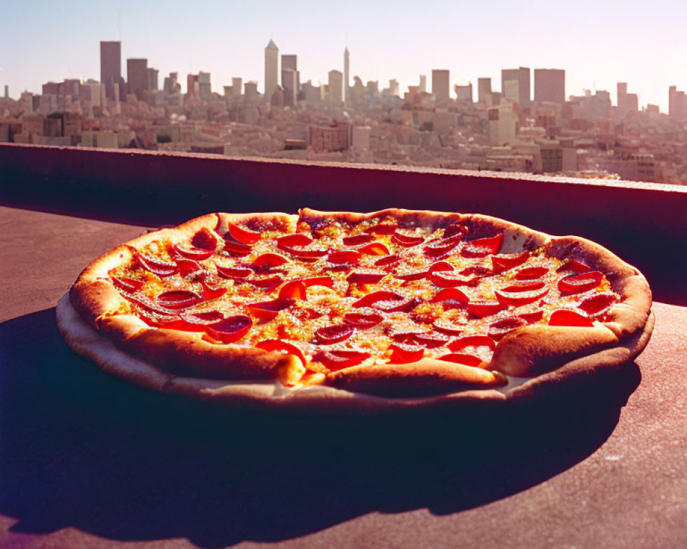 Large Pepperoni Pizza on Ledge with Sunlit Skyline