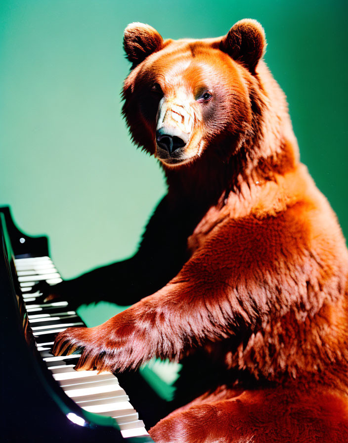 Brown Bear Playing Piano Against Green Background