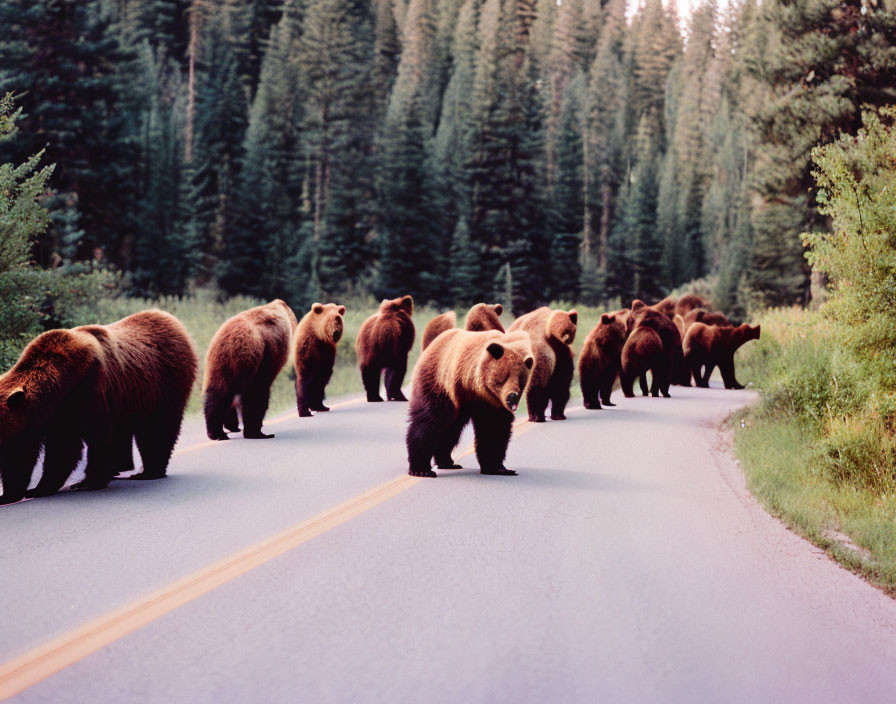 Brown bears walking on forest road with one facing camera