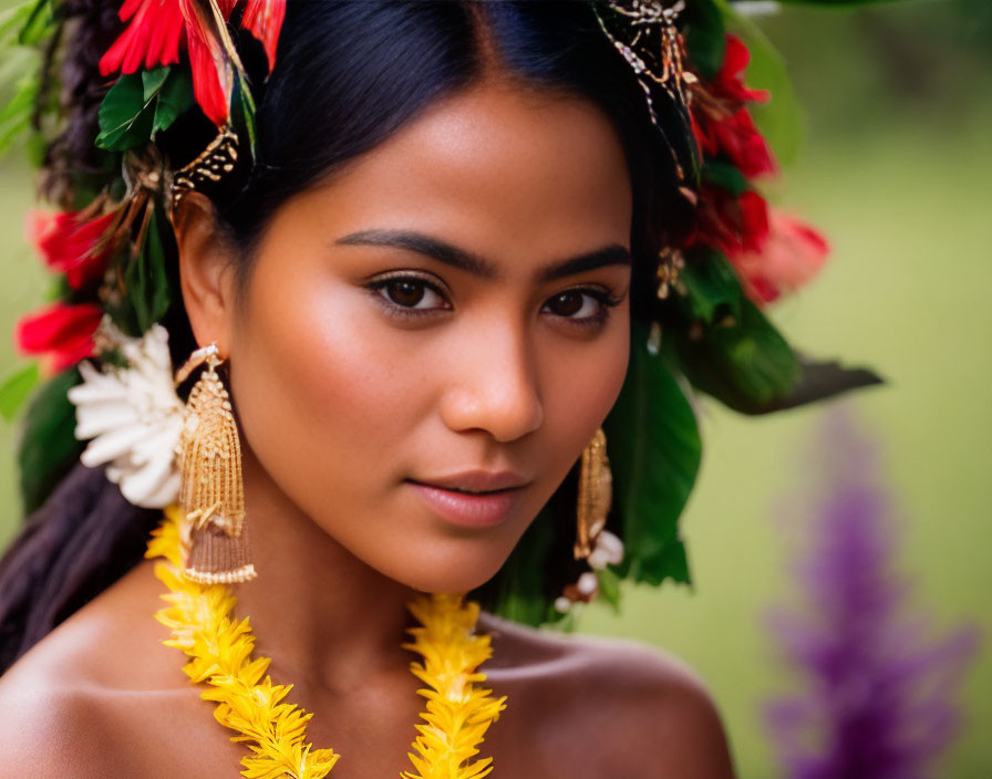 Colorful Floral Decorated Woman Poses Against Soft Natural Background