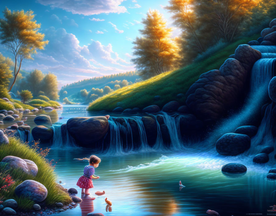 Child in bright dress by serene river with ducks, waterfall, and sunlit trees