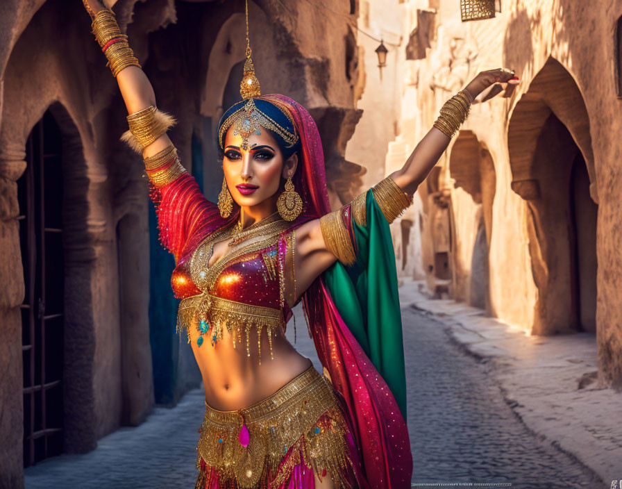 Traditional Indian Attire and Jewelry in Sunlit Alleyway